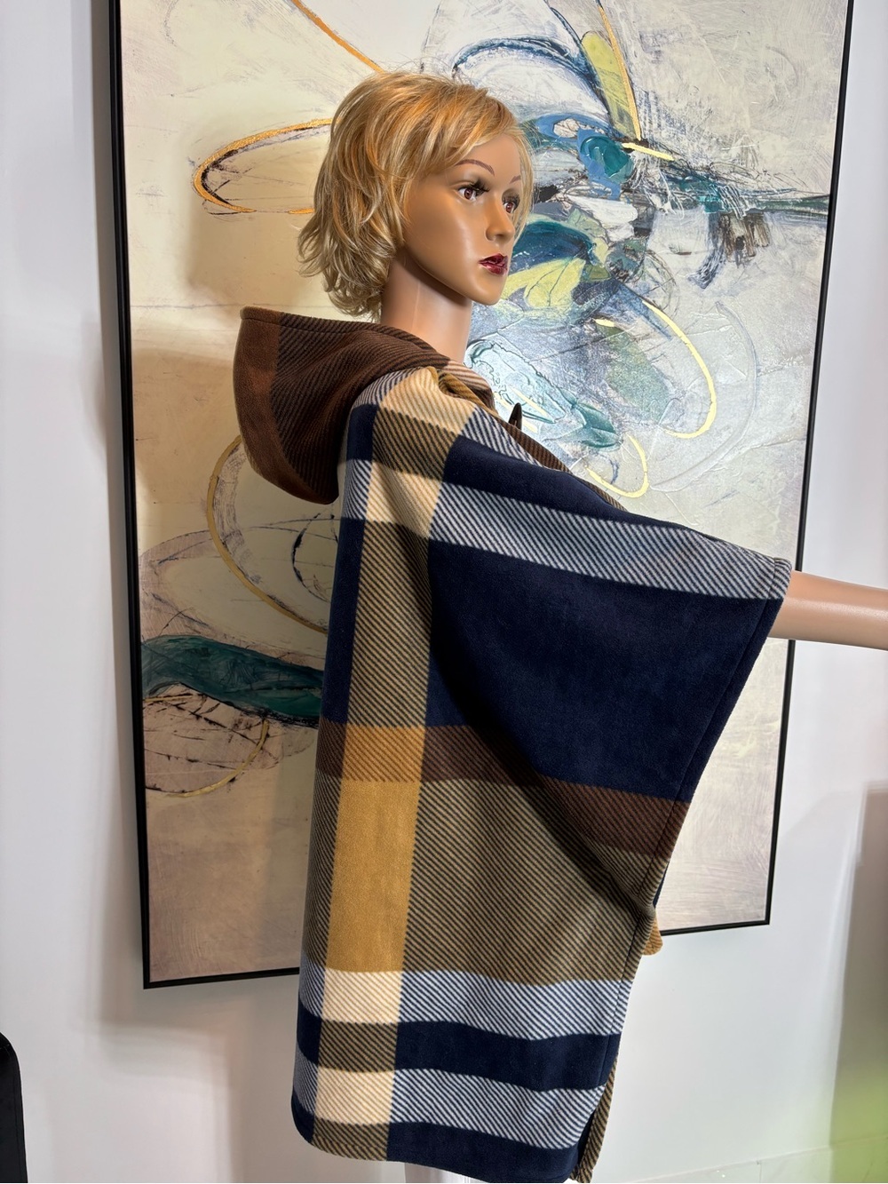 RACHEL Rachel Roy Hooded Plaid Poncho Sweater in Brown, Navy & Cream - Picture 9 of 15